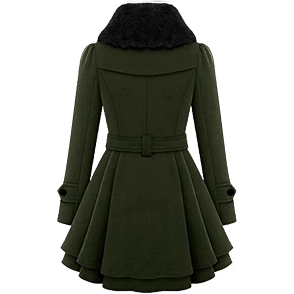 Women's Army Green Zeagoo Winter Trench Coat Faux Fur Lapel Double Breasted - Picture 4 of 4
